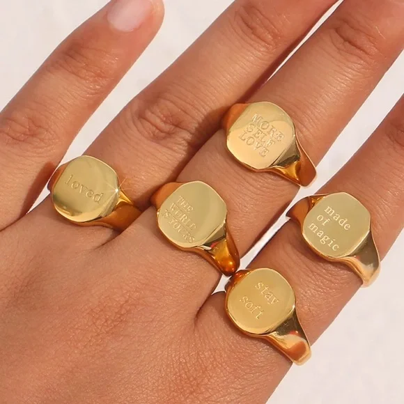 NEW 18K GOLD ENGRAVED LETTER WORD SQUARE MINIMALIST RING, CUTE RING, SHINY RING. - Picture 2 of 7